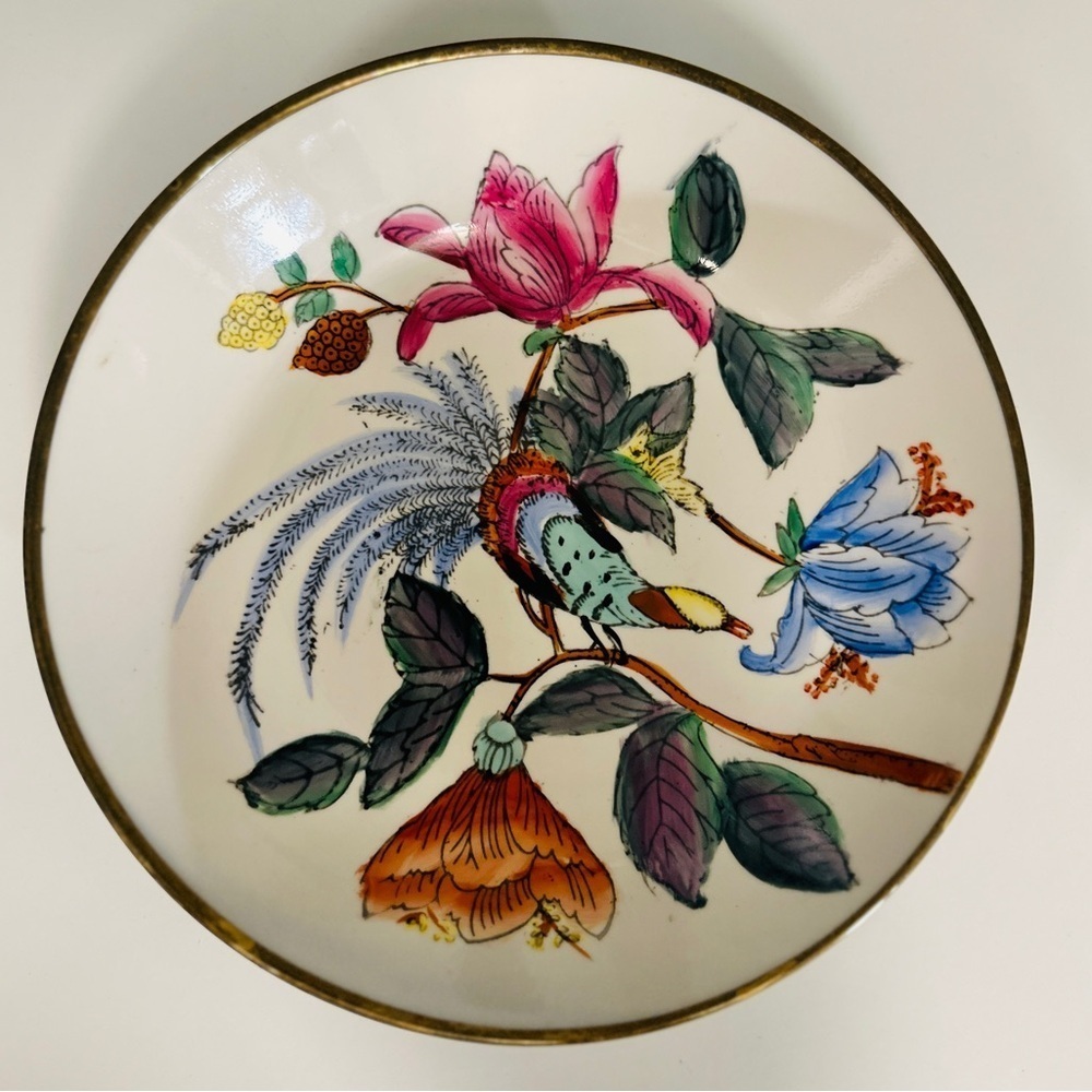 Gorgeous Ceramic And brass vintage Asian bird bowl